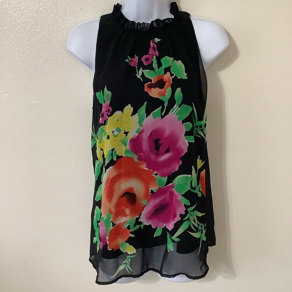 Chenault Black Floral Cottagecore Summer Ruffle‎ Collar Artsy Flowy Top PS